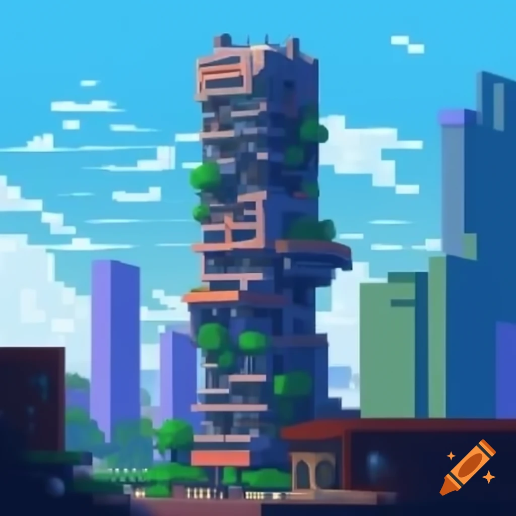 Pixel art of a skyscraper