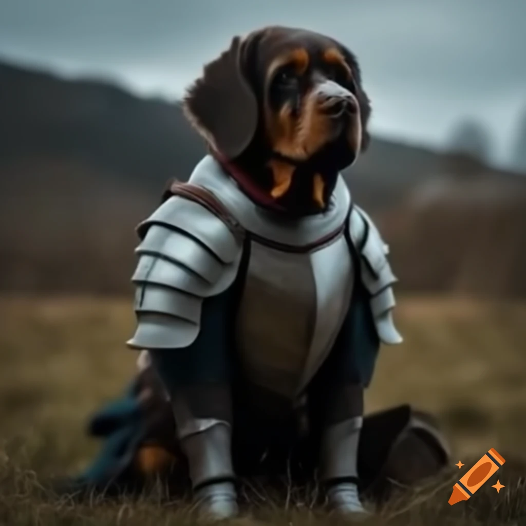 Medieval dog in plate armor sitting in a field