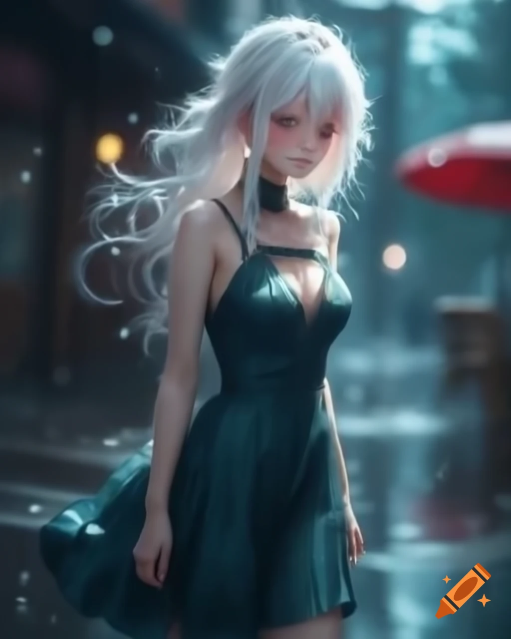 Anime character with white hair and dress on a rainy day