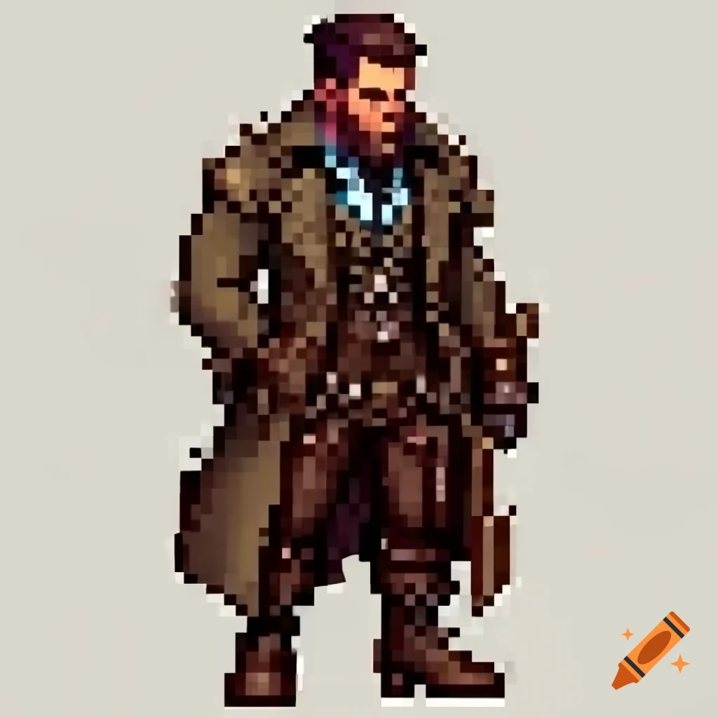 Pixel art of a steampunk man in trenchcoat and goggles