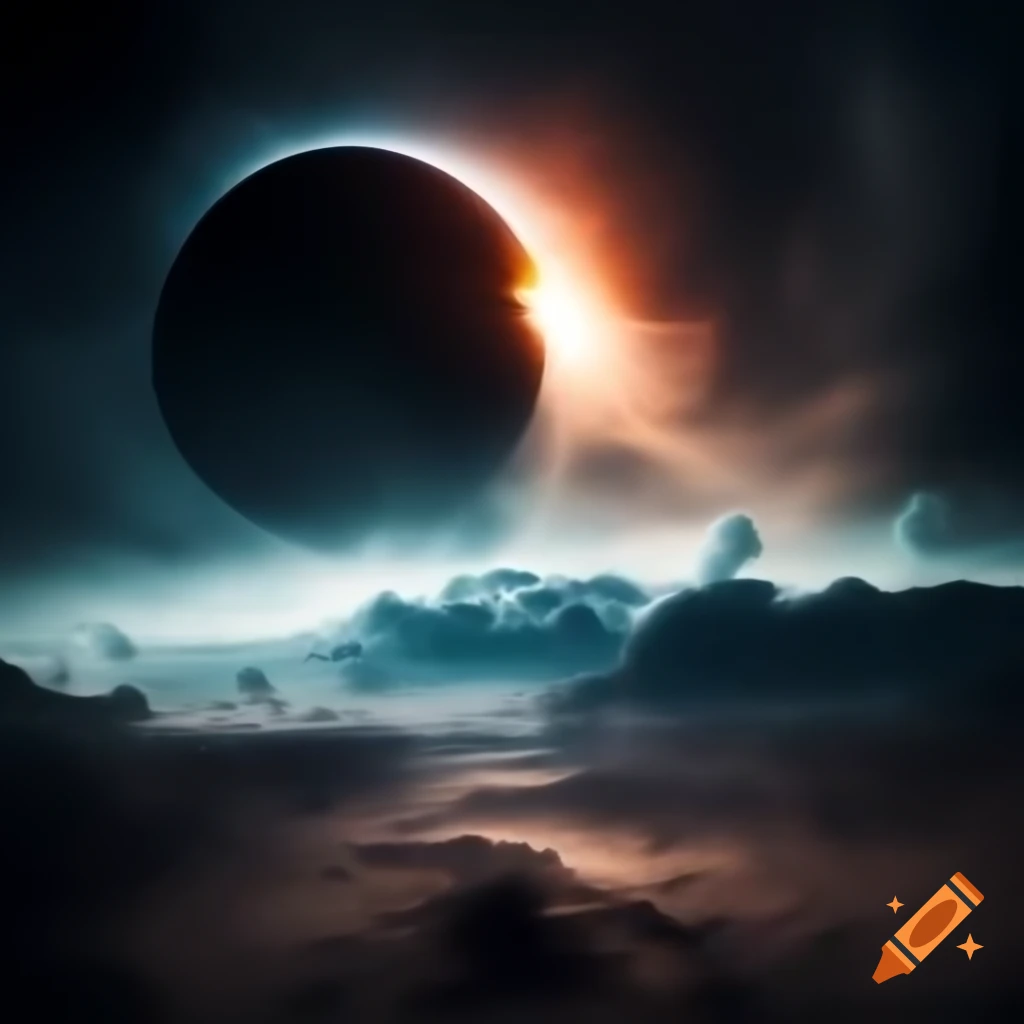 Massive eclipse casting darkness, creating surreal landscape