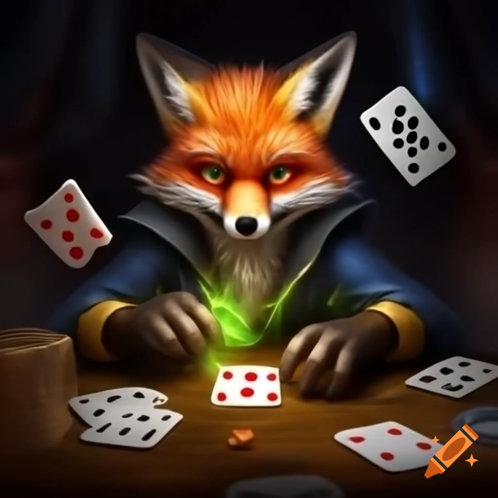 Fox performing magic tricks with playing cards