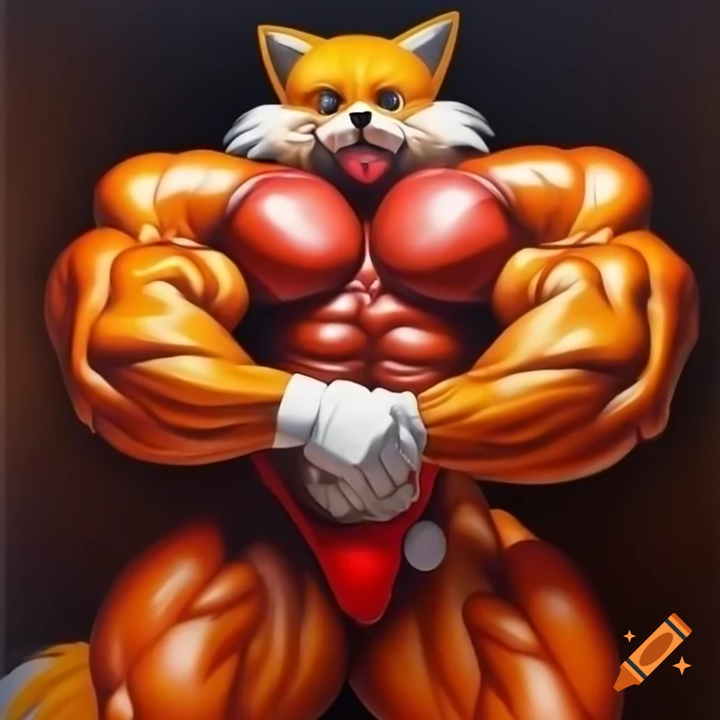 Furry art of Miles 'Tails' Prower flexing exaggerated bodybuilder muscles in full-length portrait