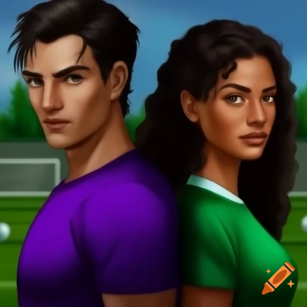 Man and woman in soccer shirts standing back to back on soccer field