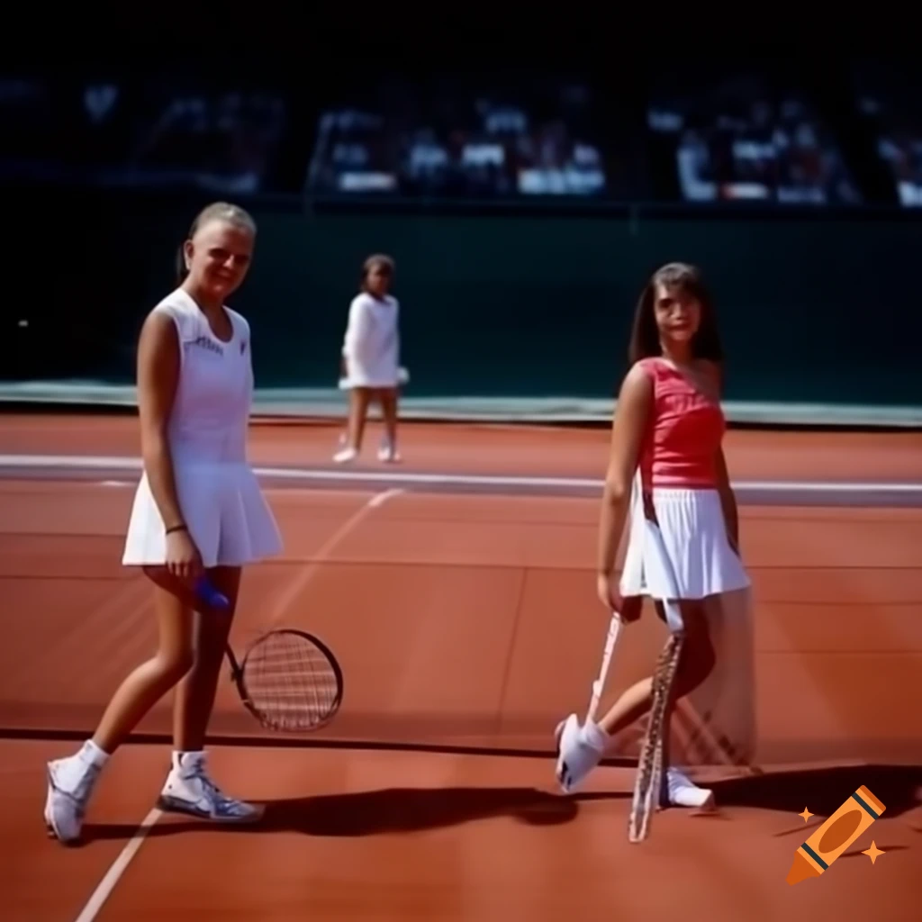 Young Anna Kournikova and Martina Hingis at tennis court in sunny 90s setting