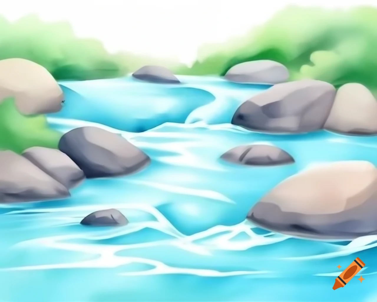 Rapidly flowing creek in watercolor hues of aqua blue and green, cartoon style