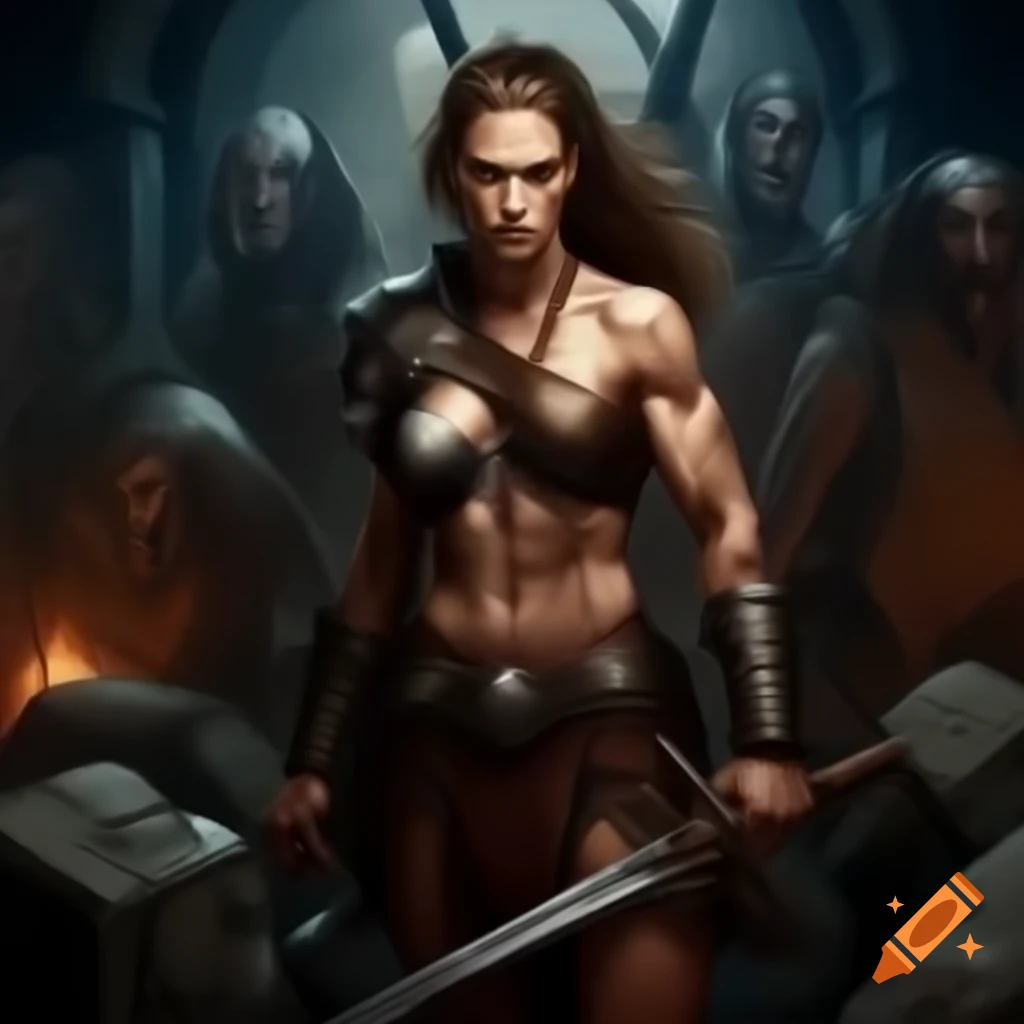 Muscular female barbarian with sword in fantasy setting