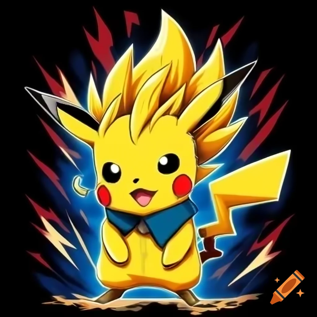Pikachu with Super Saiyan hair and golden aura in Dragon Ball Z style