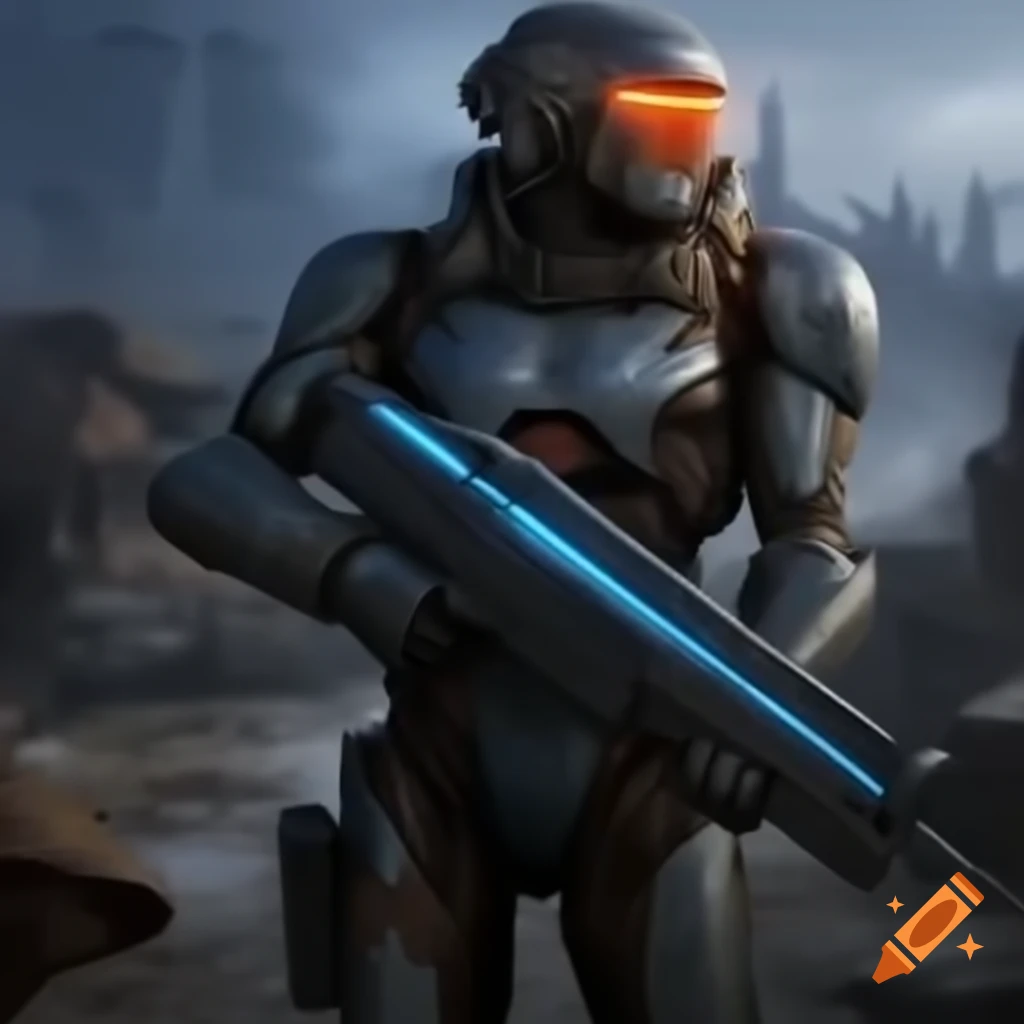 Cyborg warrior in armor with laser rifle in post-apocalyptic wasteland