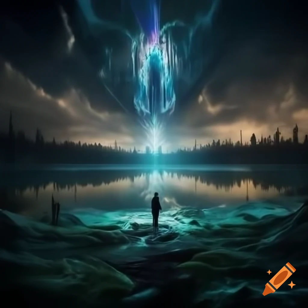 Psychedelic lakeside scene with neo-geo style and volumetric lighting
