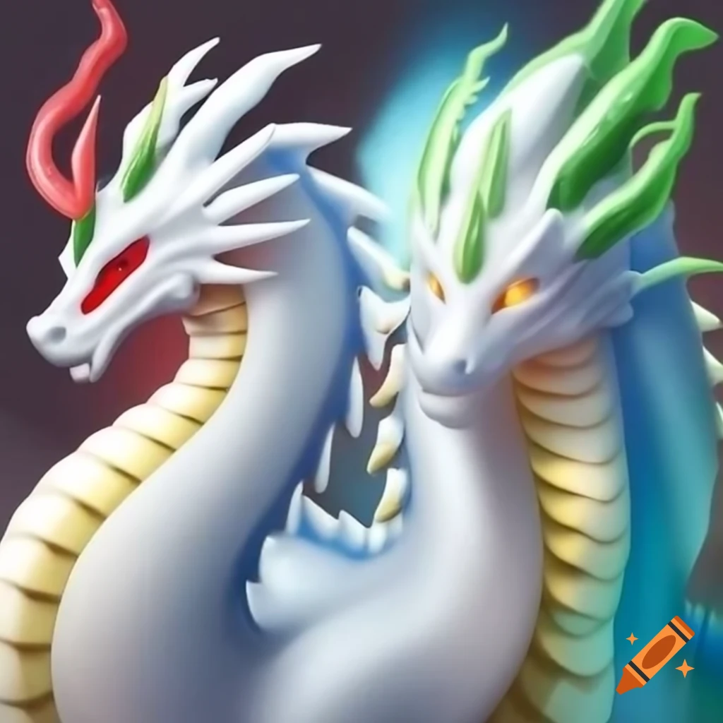 Four-headed white hydra with colorful heads and wings