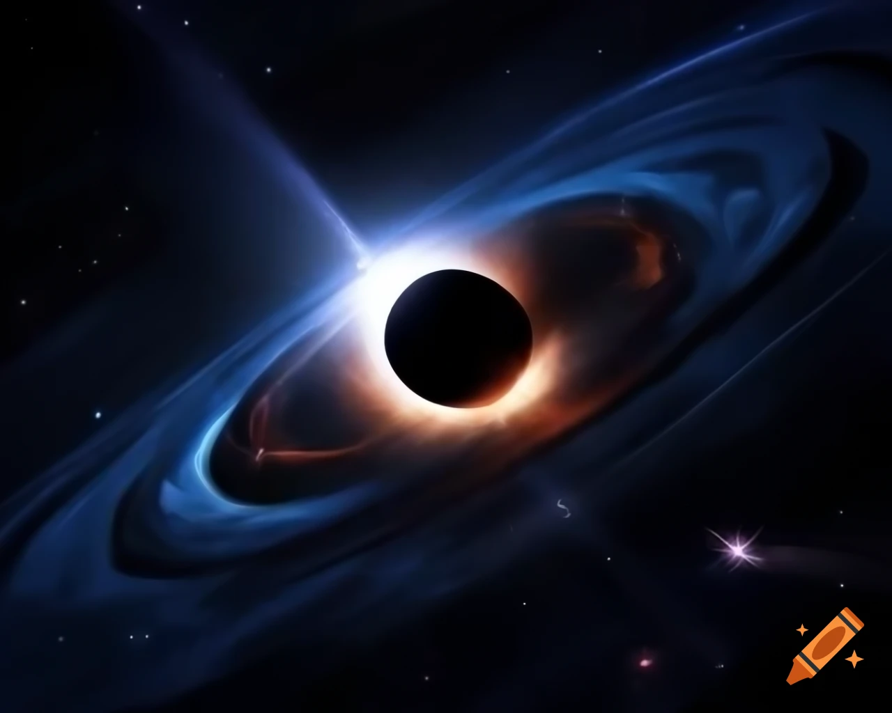 Realistic depiction of a black hole in star-filled space with artistic lens flare
