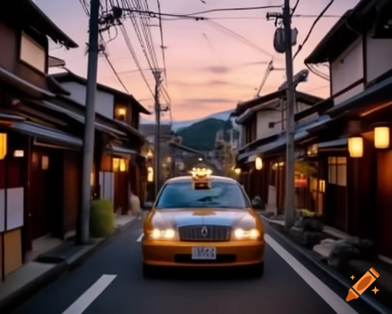 Taxi in Japanese neighborhood decorated with flowers at golden hour