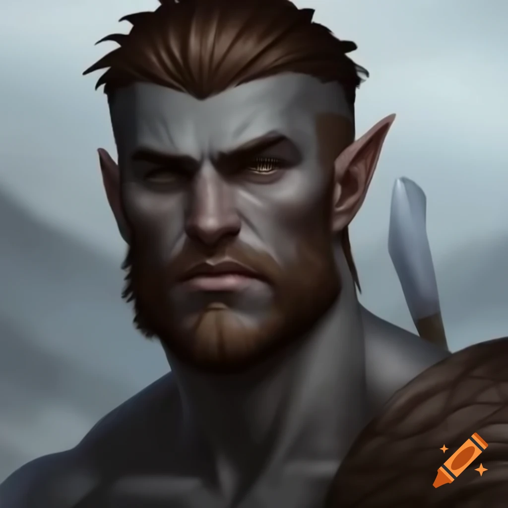 Male goliath barbarian character from Dungeons and Dragons with gray skin and short brown hair