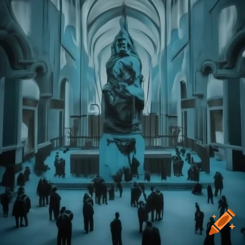 Surreal bronze engraving of church in abyssal depths with blue palette
