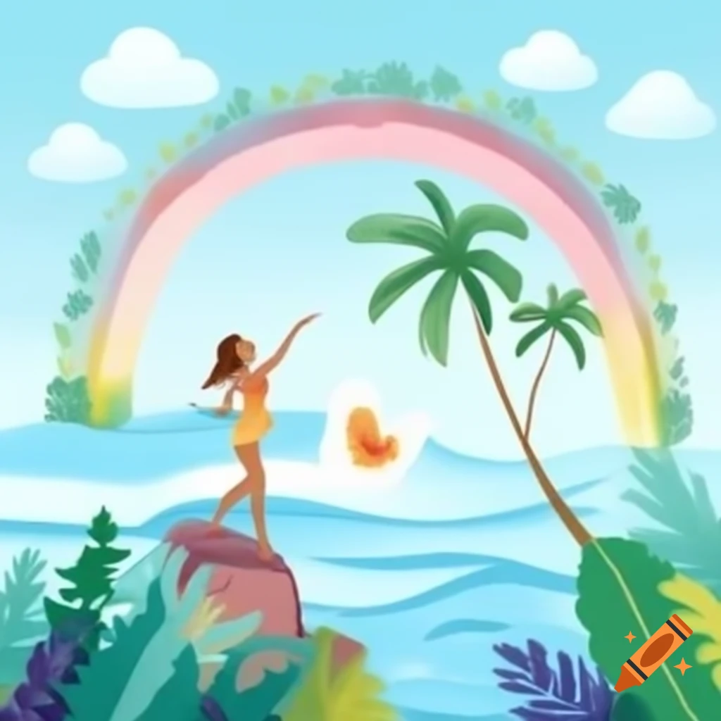 Hawaiian dancer in jungle with rainbow