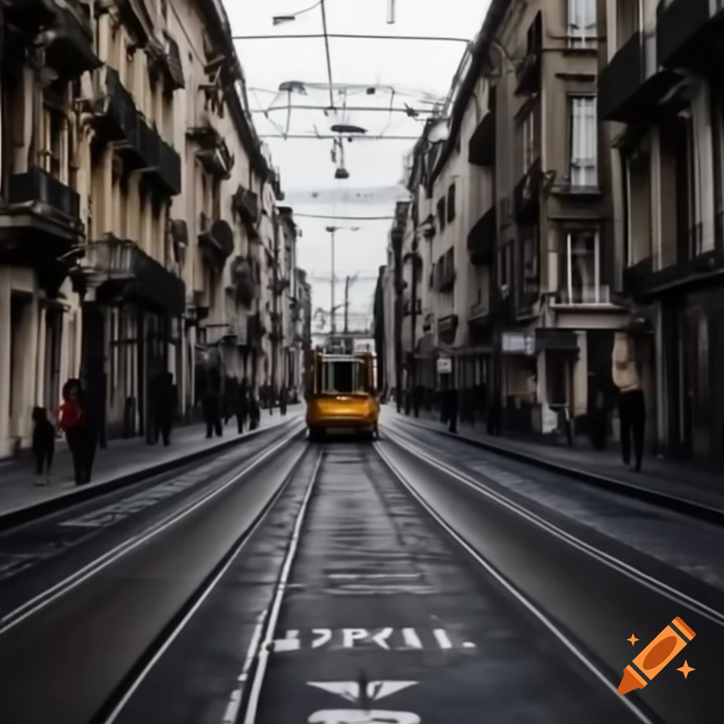 Charming small-town street with tram, pedestrians, and cyclists