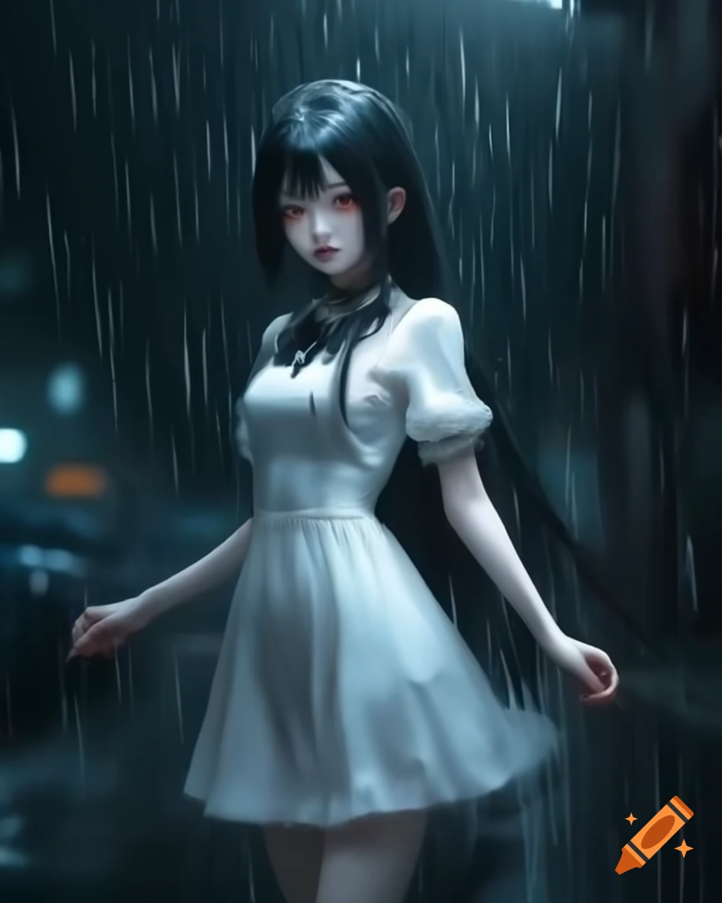 Gothic anime woman in white dress standing in the rain, realistic style