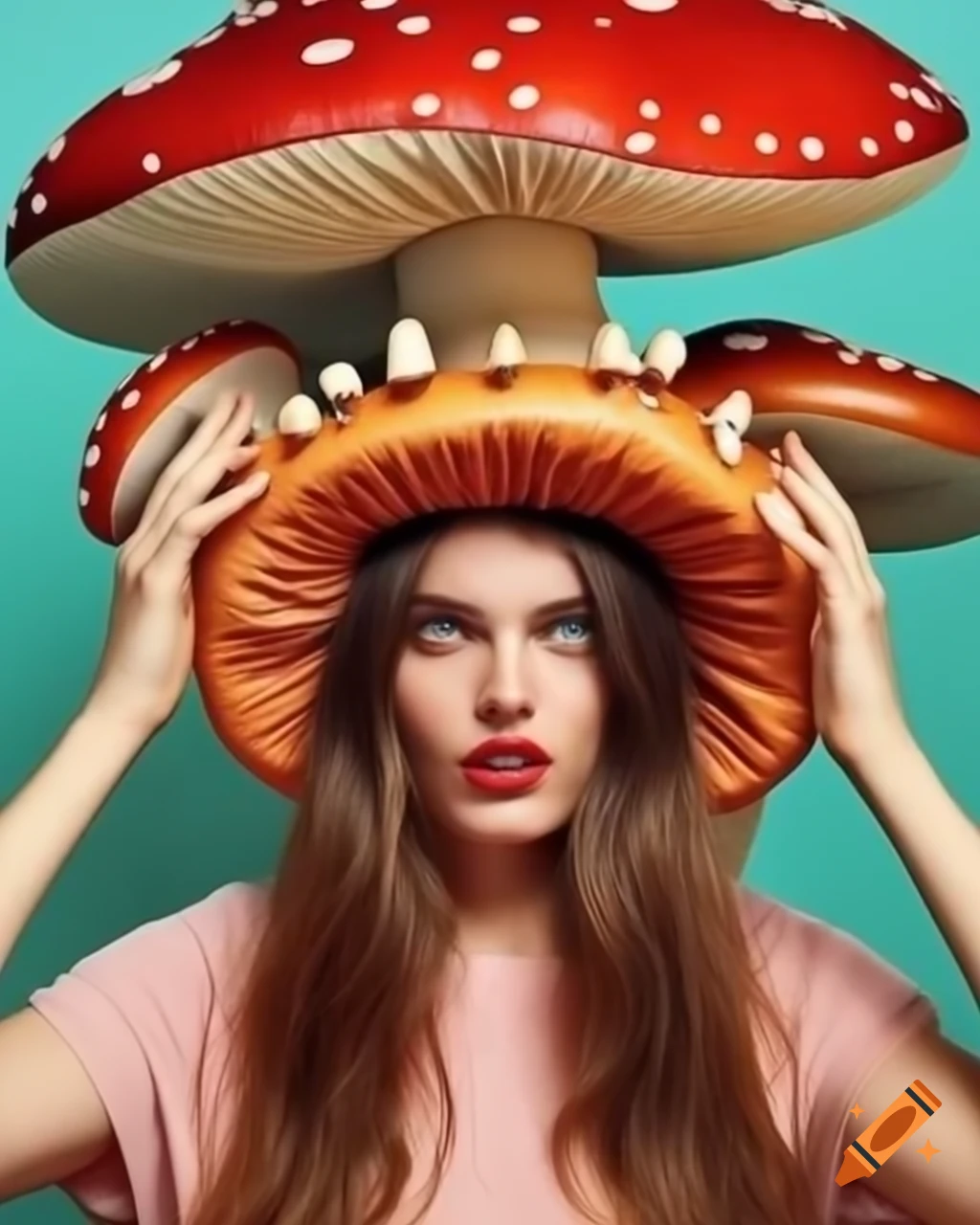 Woman wearing a unique mushroom-themed hat