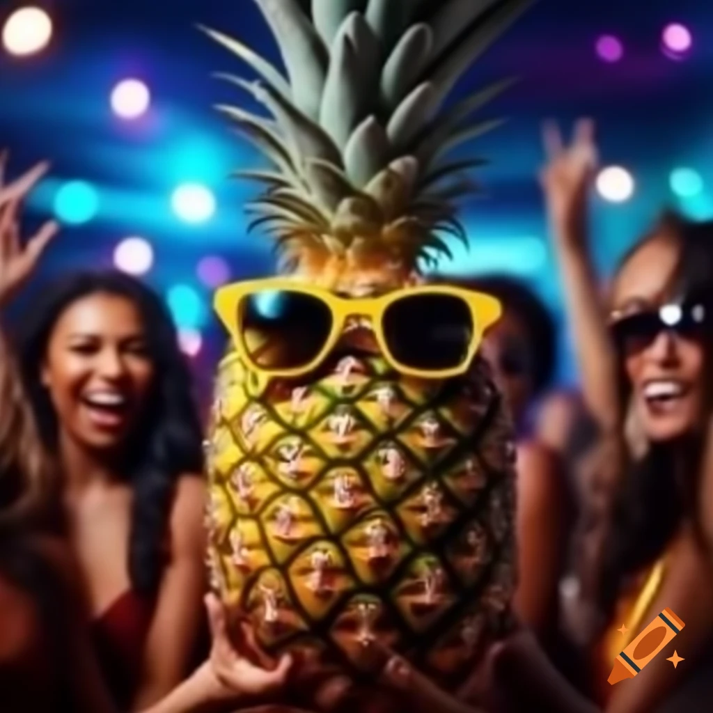Pineapple wearing sunglasses at a festive party