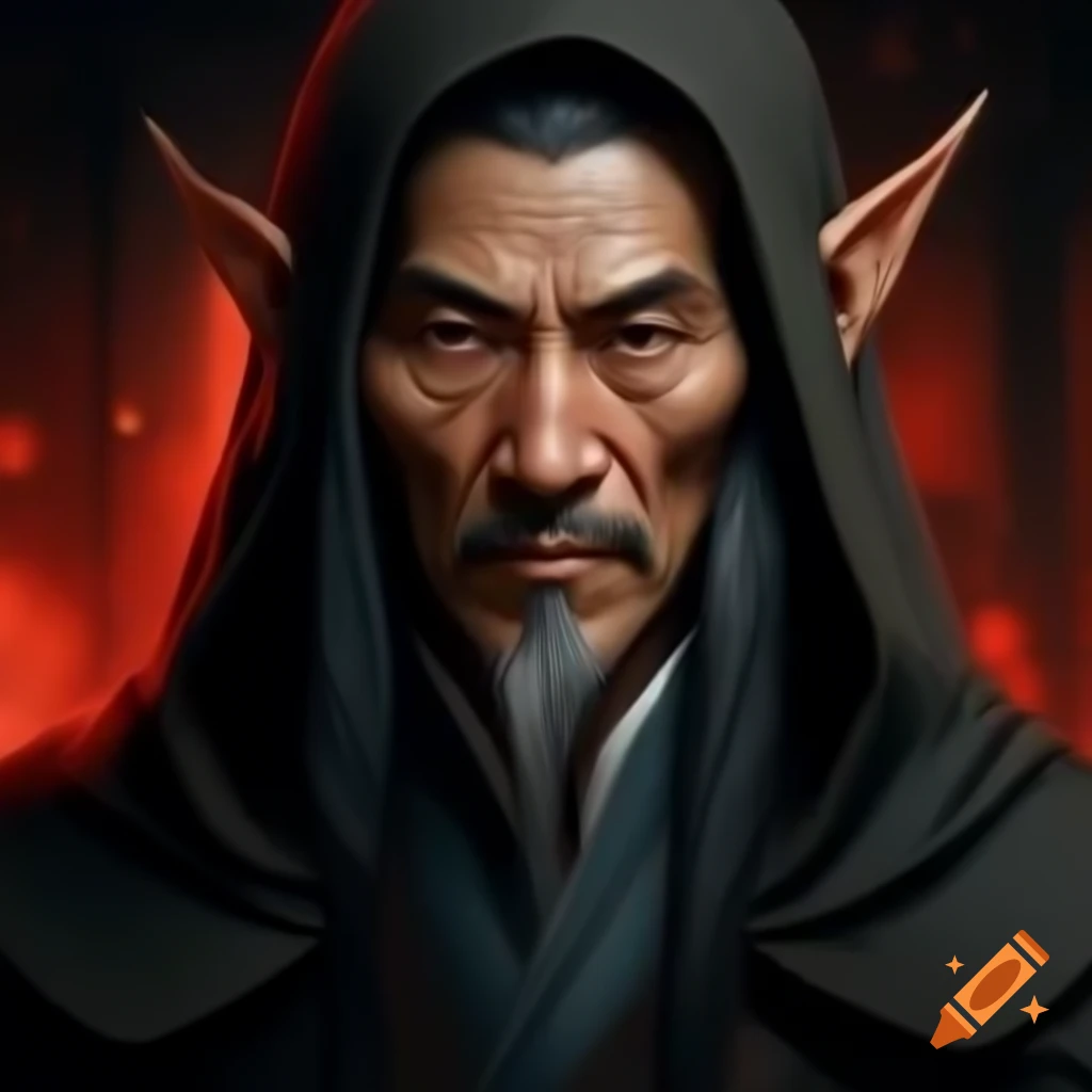 Middle-aged Asian half-elf wizard figure