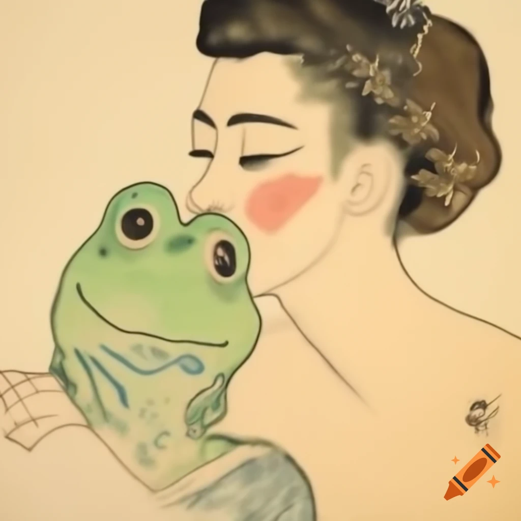 Vintage oil painting of frog and woman kissing in Egon Schiele style