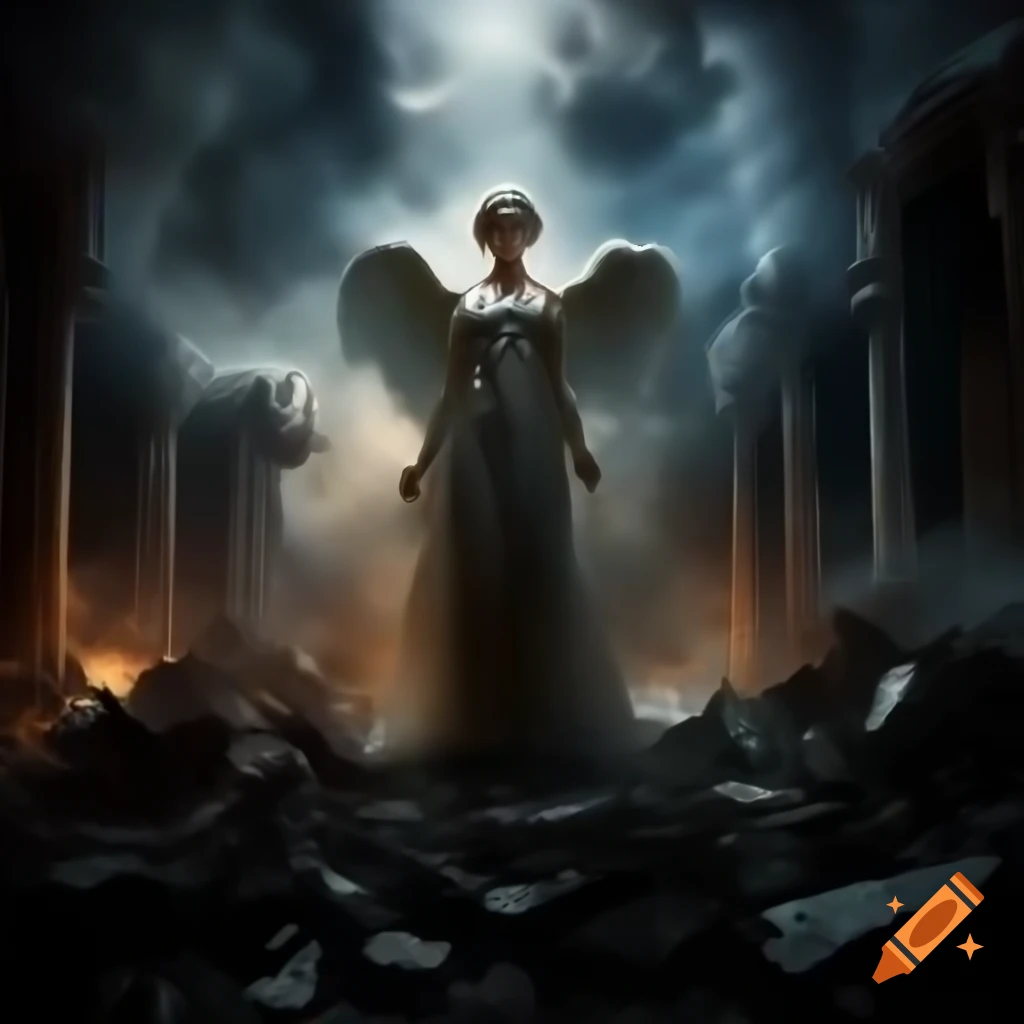 Aftermath of Dream War with smoke, ruins, and mythological creatures