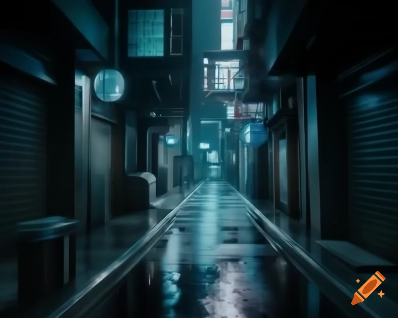Cyberpunk alleyway with neon lights reflecting off wet surfaces