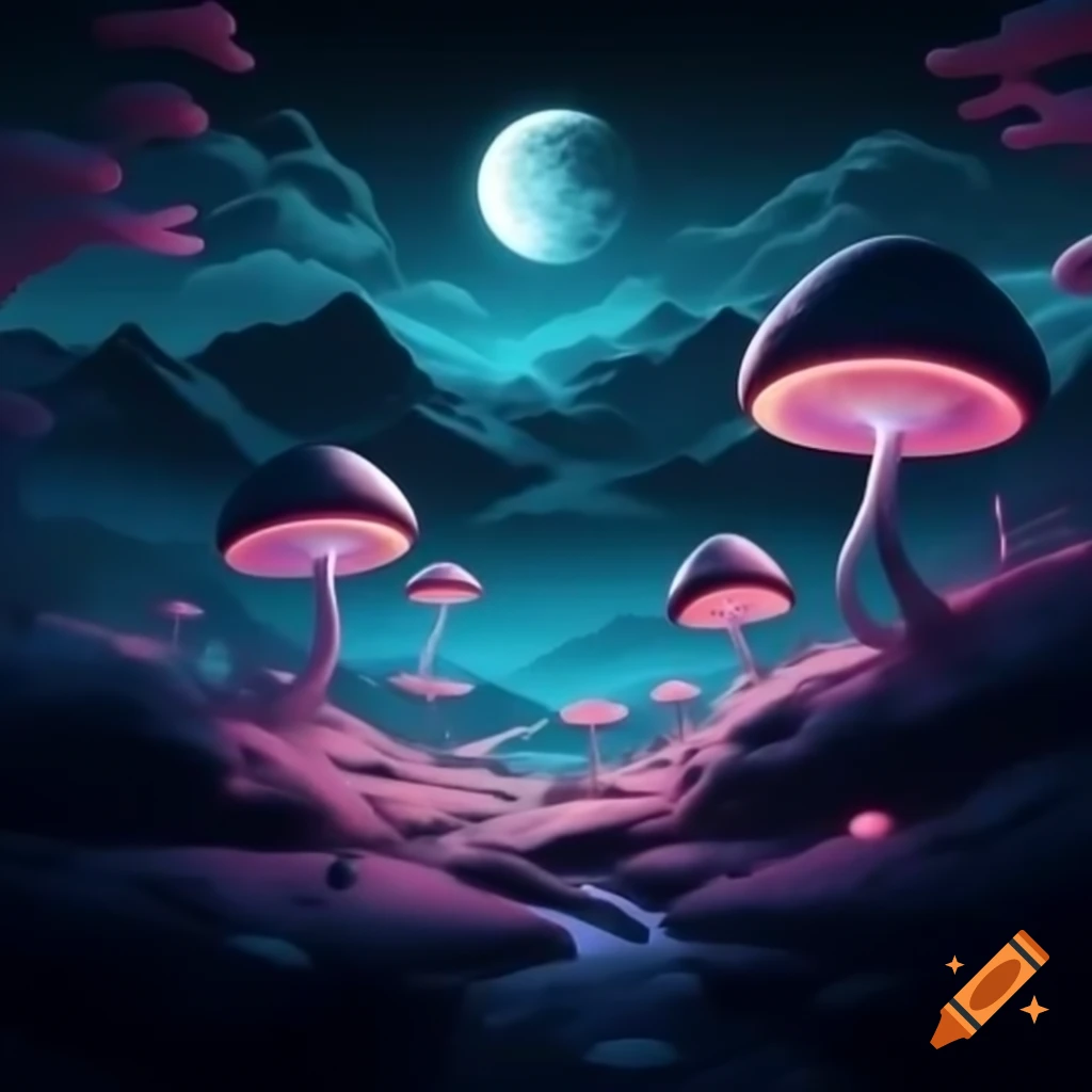 Serene landscape with mountains and glowing neon mushrooms under a full moon