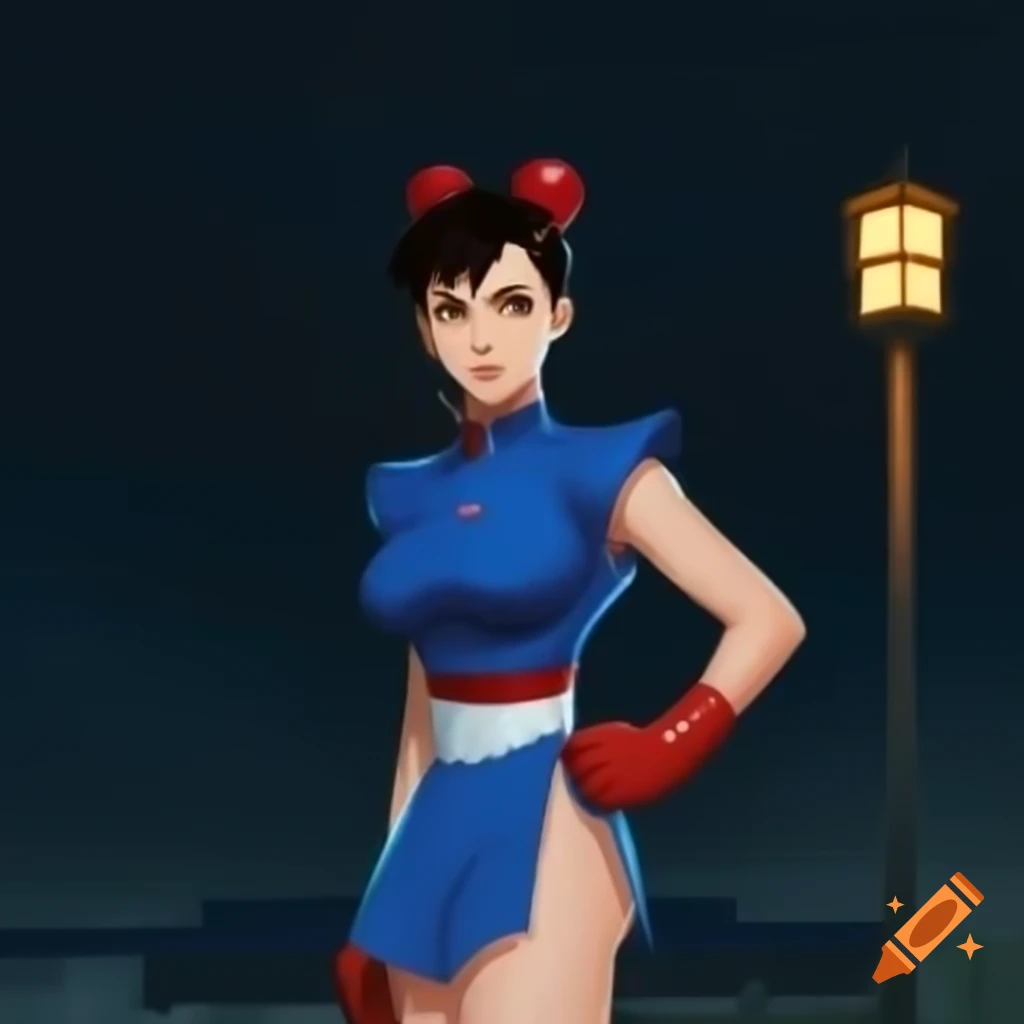 Anime character Chun-li from Street Fighter in front of floodlight, akimbo stance