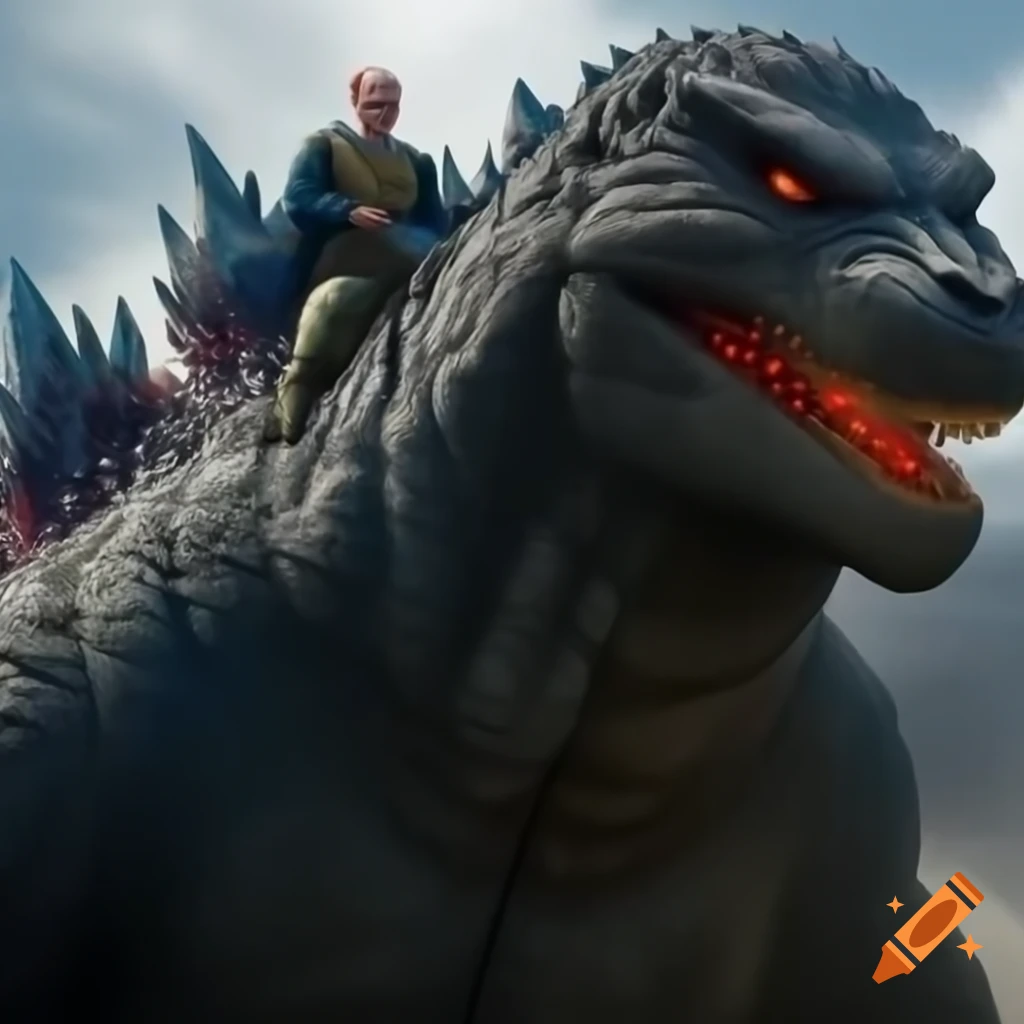 Putin riding Godzilla in Dream War, dramatic scene