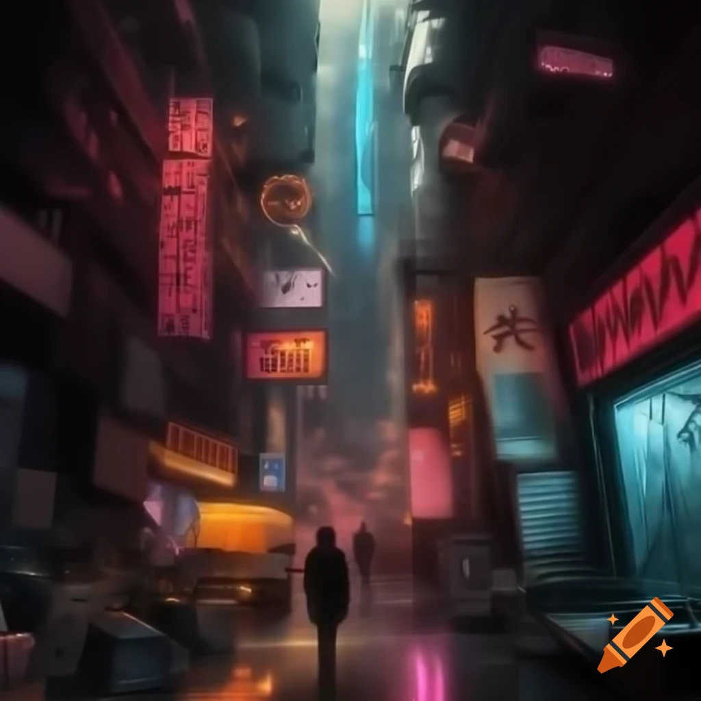 Mixed media piece blending gothic architecture with cyberpunk elements in urban alley