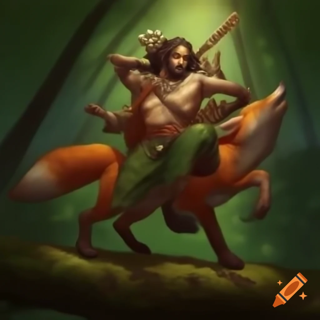 Forest god and fox dancing with rifle, whimsical scene