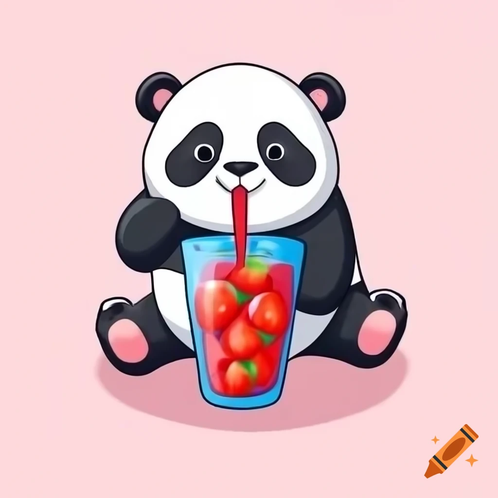 Cartoon panda bear enjoying a strawberry drink