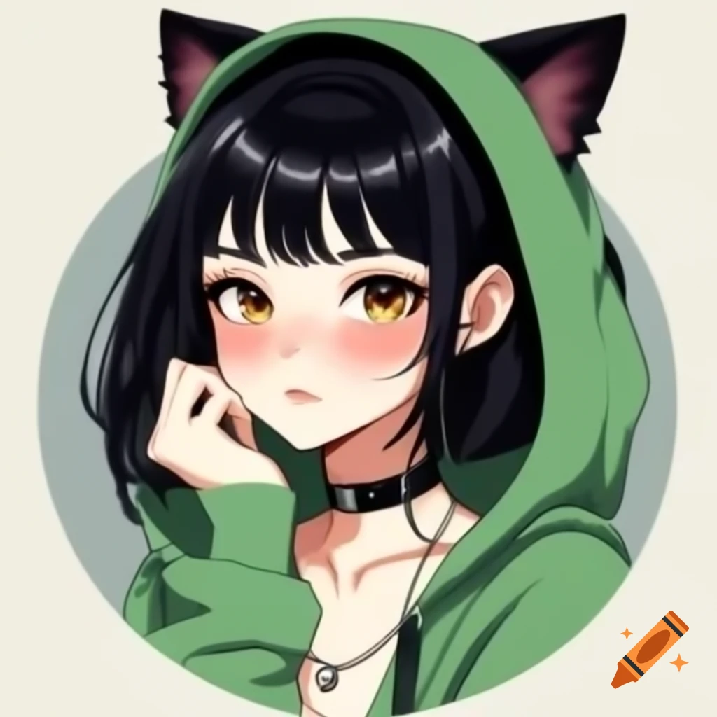 Anime woman with long black hair and choker