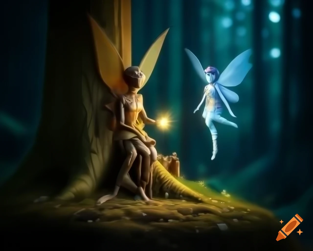 Photorealistic 3D render of a fairy next to a tree in a forest using raytracing