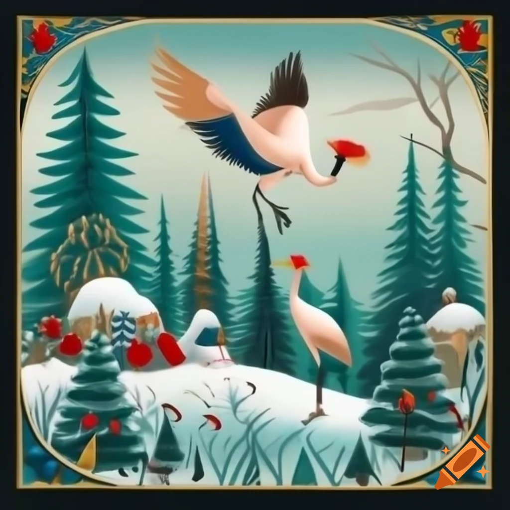 Christmas cloisonné forest scene blending Native Salish and Russian fairytale designs