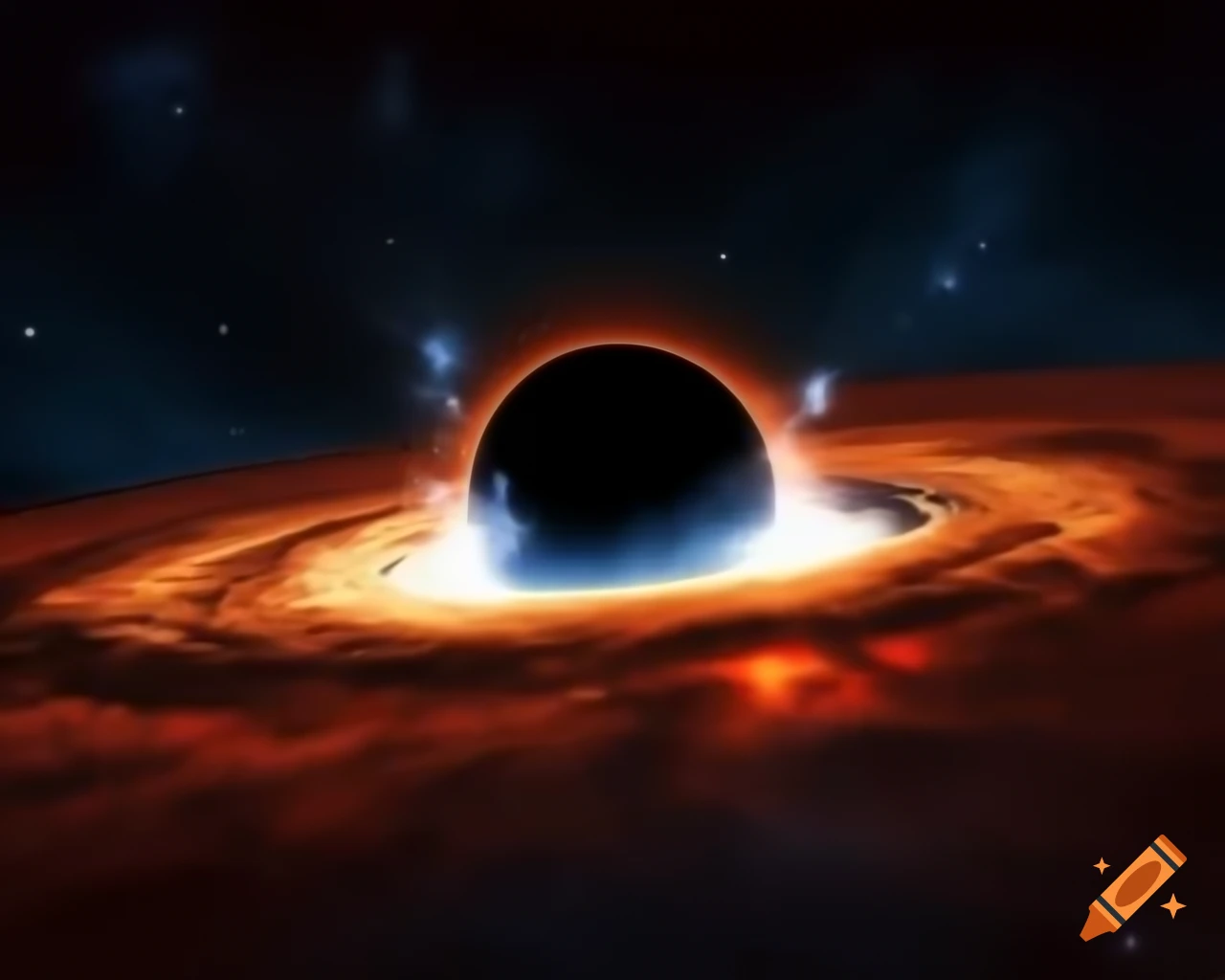 Realistic depiction of a black hole in star-filled space with artistic lens flare