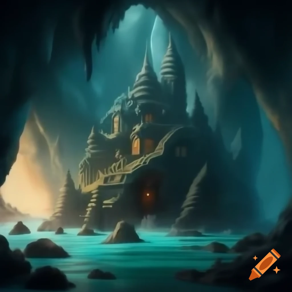 Cave painting of an unusual monastery by the shoreline
