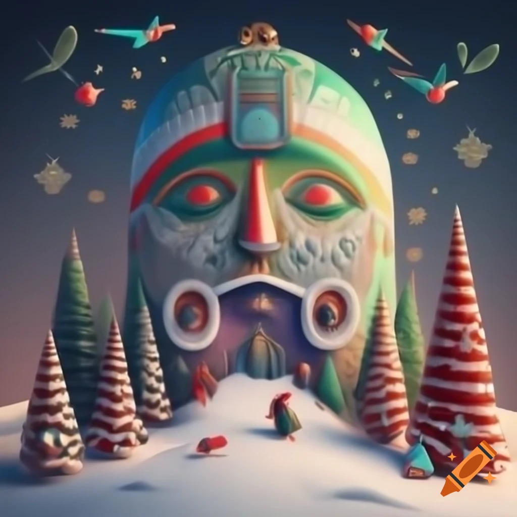 3D illustration of Christmas forest scene merging Native Salish and Russian fairytale motifs