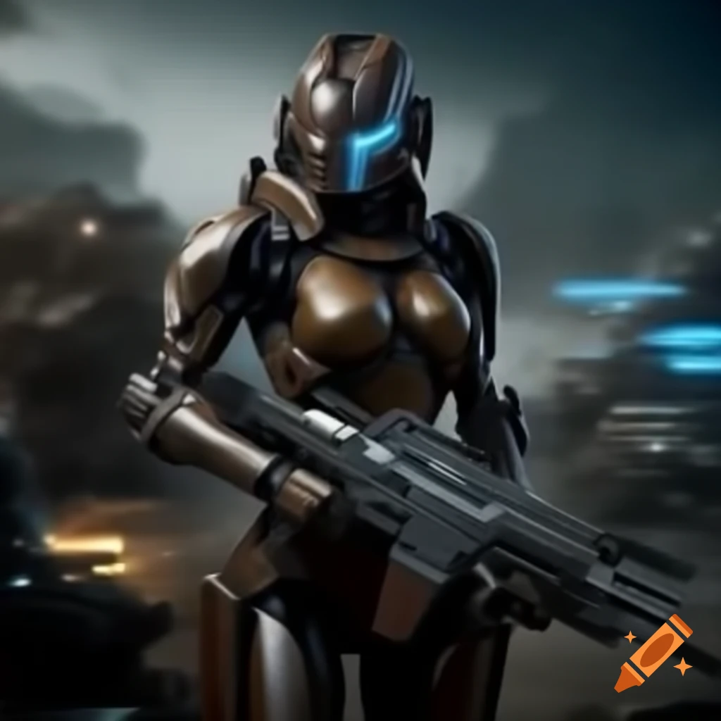 Cyborg warrior in armor armed with laser rifle in futuristic battlefield