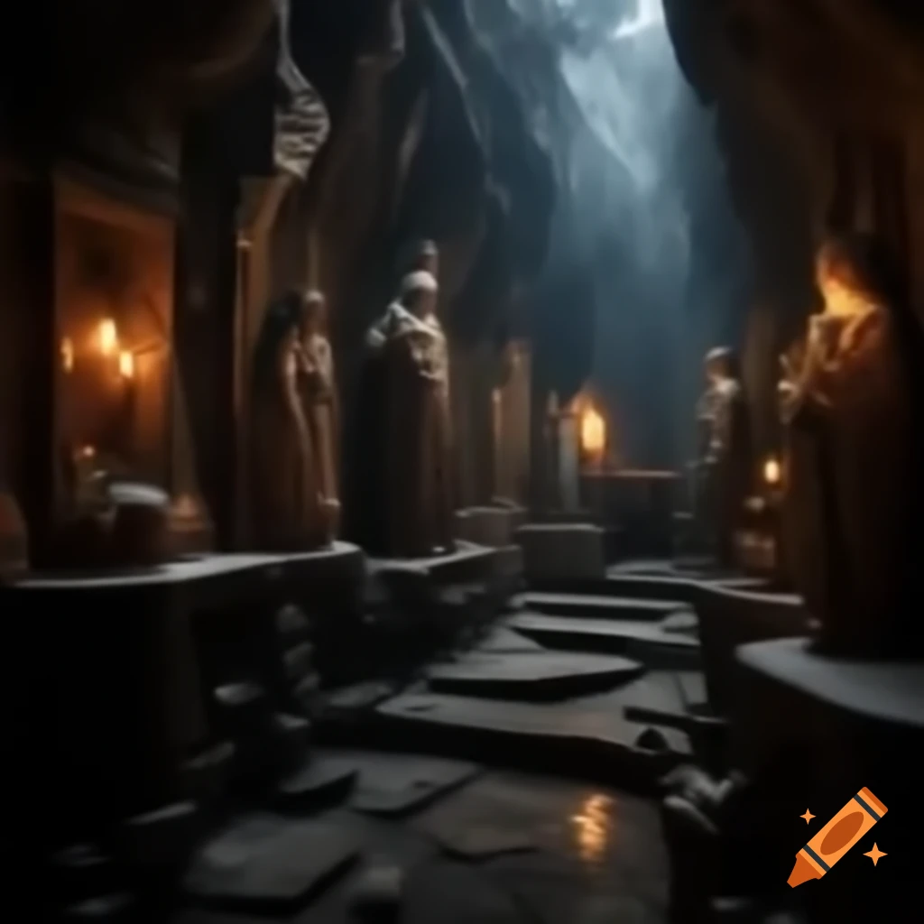 Realistic statues of old kings in dark cave with artificial lighting