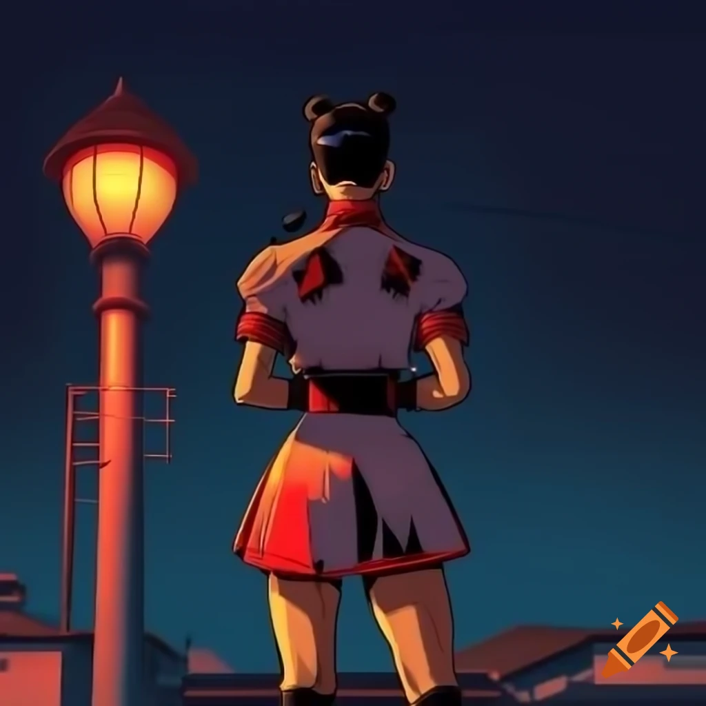 Anime Chun-li from Street Fighter in front of floodlight