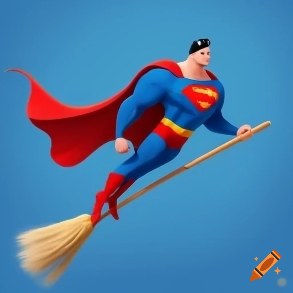 Superman flying on a broomstick