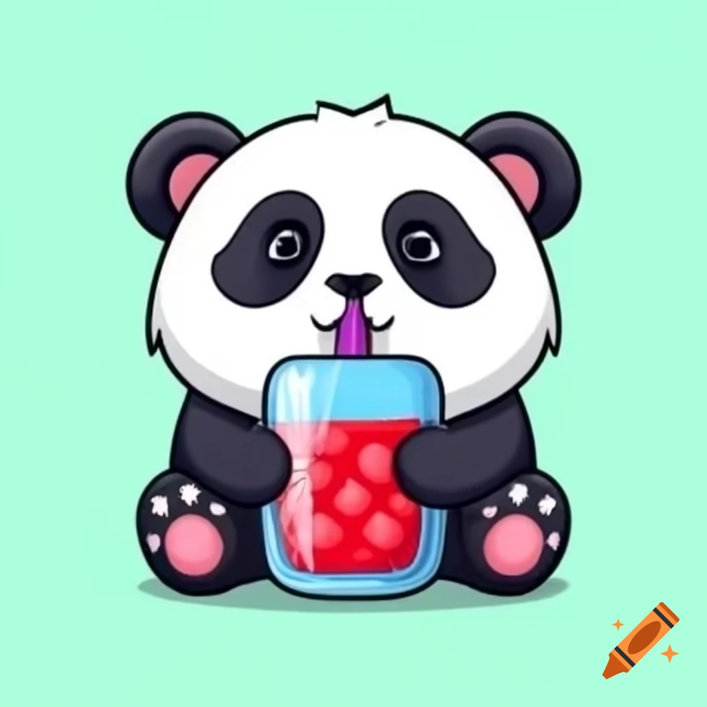 Cartoon panda bear enjoying strawberry drink