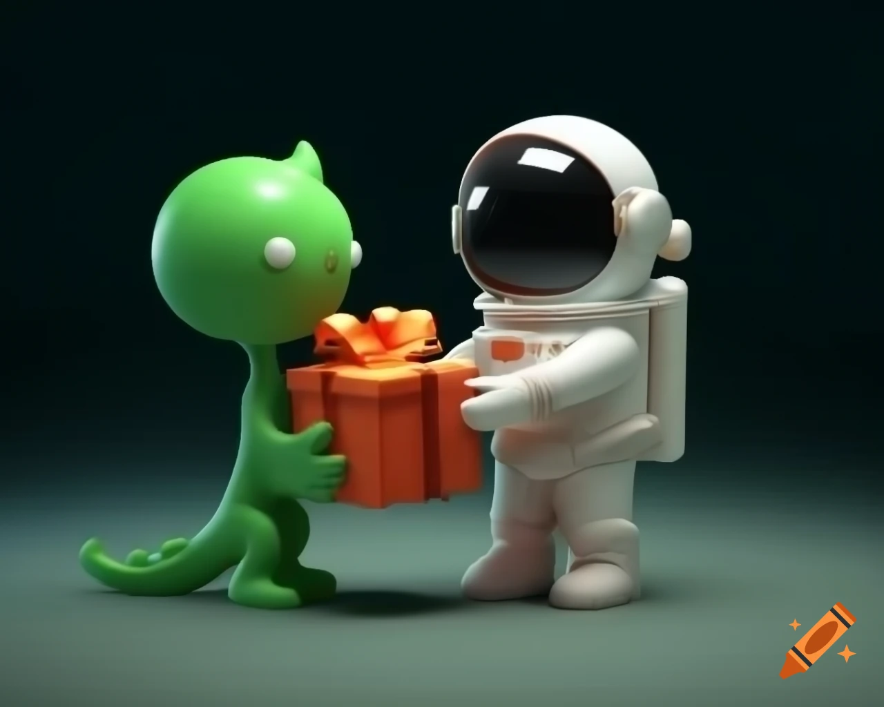 3D render of astronaut giving gift to monster in kawaii style