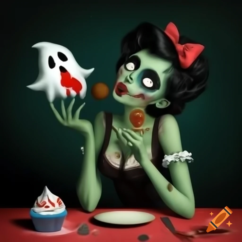 Zombie pinup girl enjoying a ghost-themed cupcake