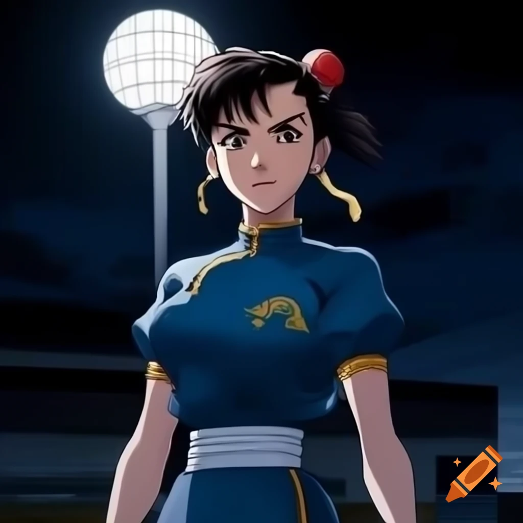 Anime Chun-li from Street Fighter in front of floodlight