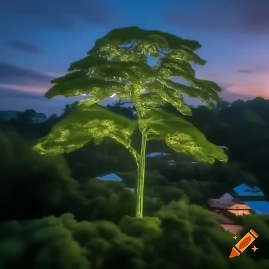 Glowing green maple tree at dusk near rainforest village