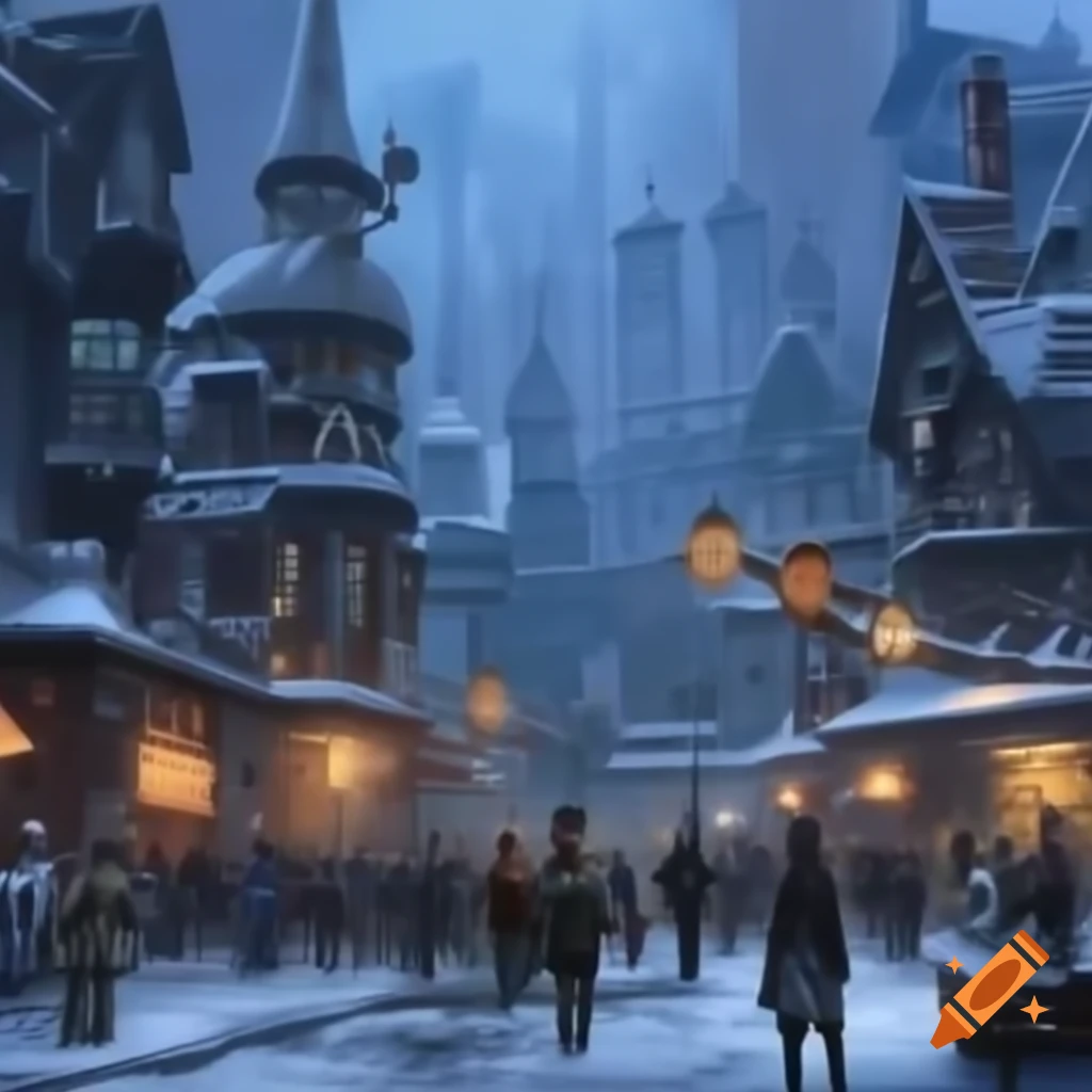 Steampunk cityscape during winter season